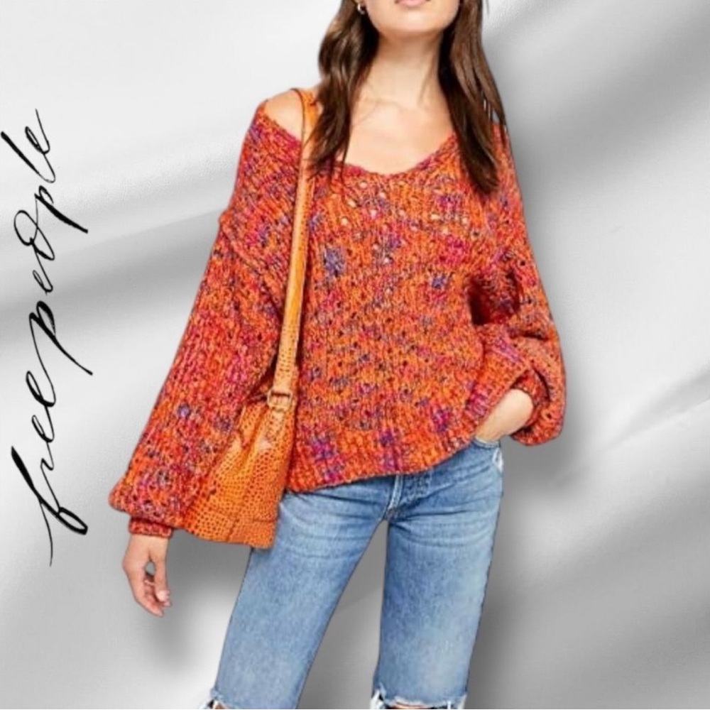 Free People Womens Highland Cable Knit Oversized V-Neck Sweater